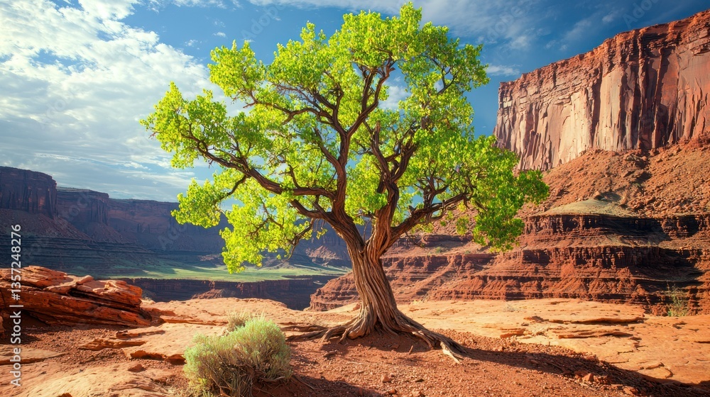 Poster A lone tree with bright green foliage and a visible trunk in a desert landscape. 