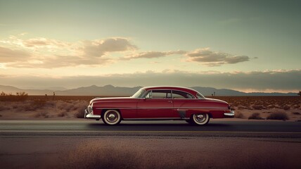 classic red car on the road at sunset 