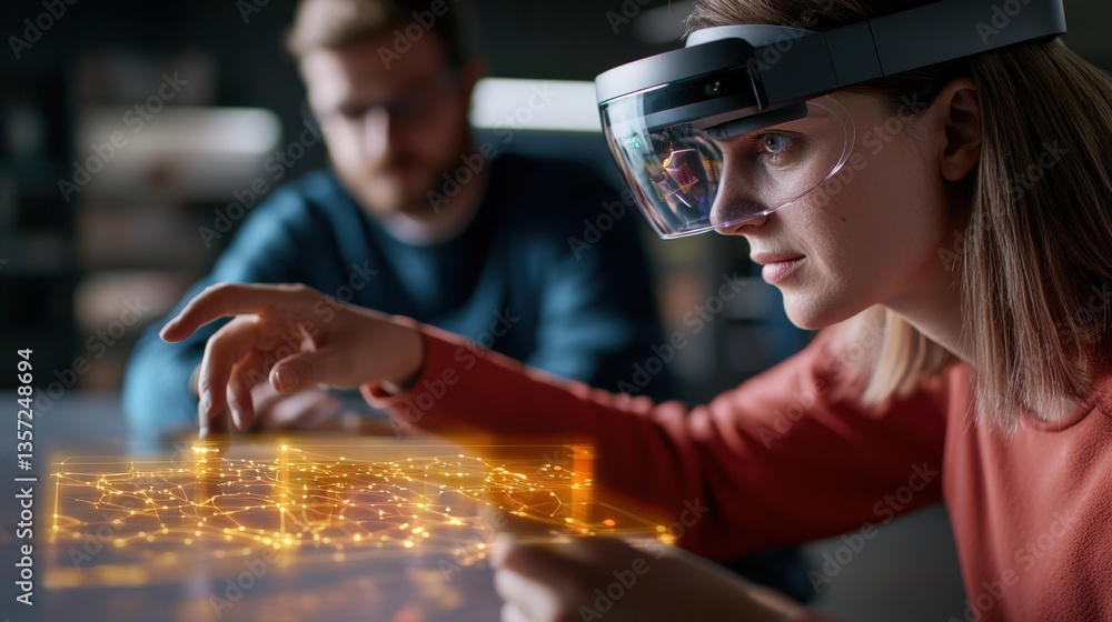 Poster woman using augmented reality glasses to interact with digital interface