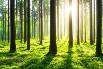 Fototapeta premium Sunlight fills lush green forest with tall trees
