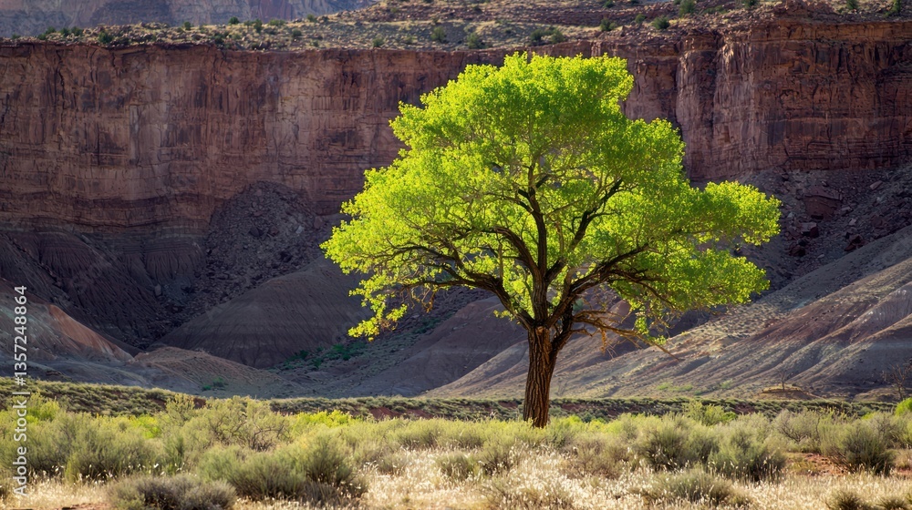 Poster a lone tree with bright green foliage and a visible trunk in a desert landscape.