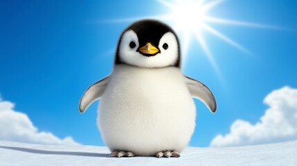 Fototapeta premium Adorable Fluffy Penguin Chick on Snowy Ground Under Bright Sun