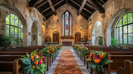 Church Interior with Sunlight Streaming Through Stained Glass Windows and Flower Arrangements