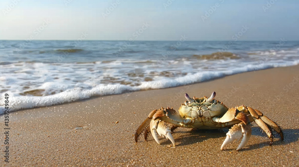 Poster a maryland crab resting on a sandy beach with gentle waves in the distance.