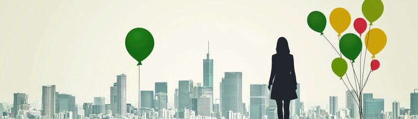 Woman city skyline balloons dreams aspirations future success