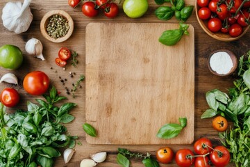 Overhead shot of a cutting board surrounded by tomatoes, garlic, greens, and spices on wood