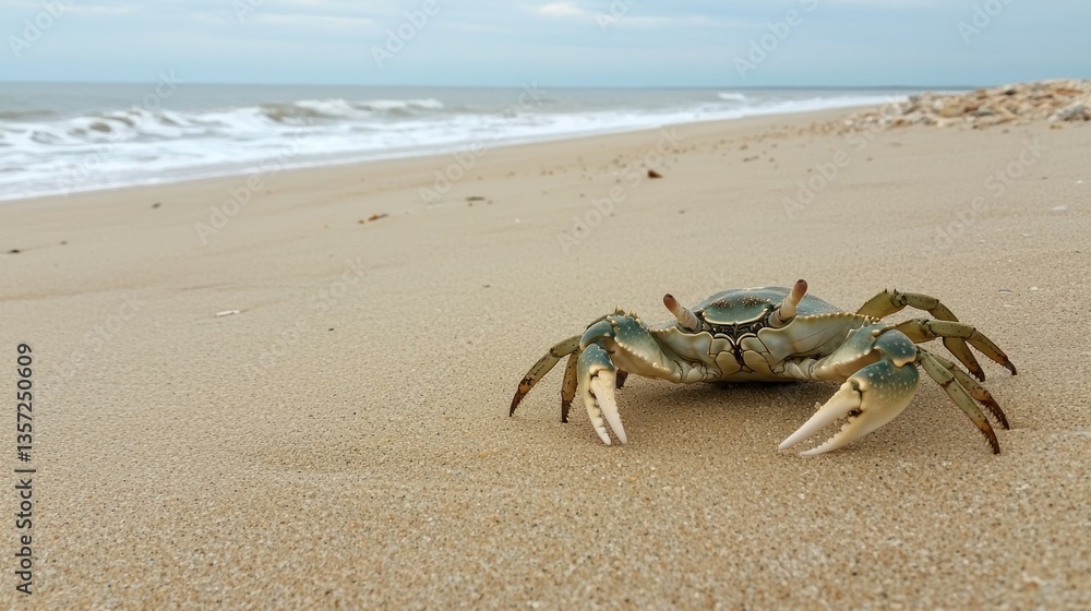Poster a maryland crab resting on a sandy beach with gentle waves in the distance.
