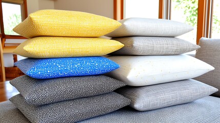 Stack of Colorful Throw Pillows Home Decor Modern Design Textured Fabrics Yellow Blue Grey
