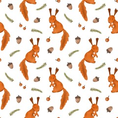Seamless pattern with cute squirrels, autumn pattern, fall background, kids print, digital watercolor