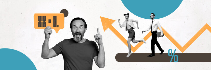 Creative design composite trend artwork collage of hiring recruitment aged man hold speech cloud team lady guy hold laptop walk arrow