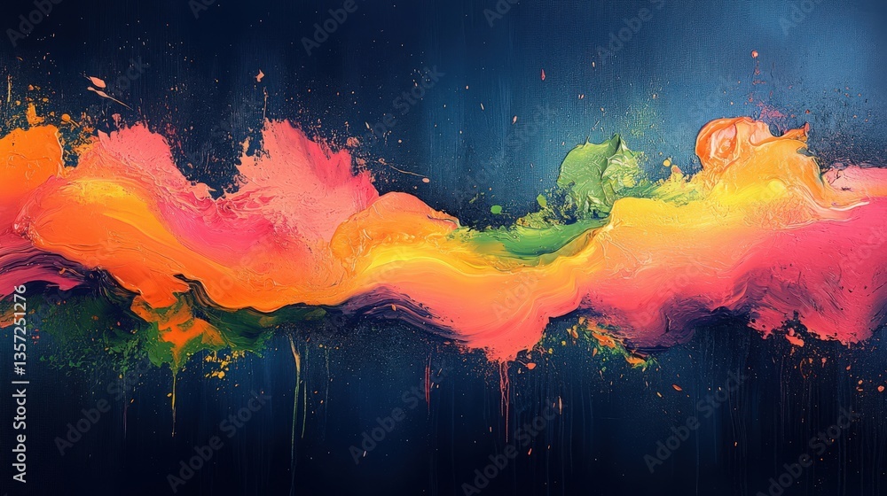 Poster dynamic abstract painting with vivid colors flowing horizontally on canvas