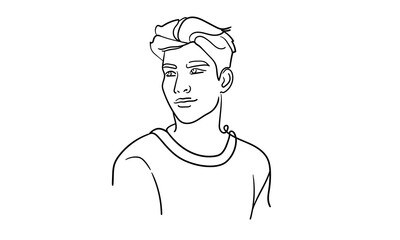 Sculpted pumped up body. Sport man narcissist, admires himself on white background. Sport guy model line art drawing. Vector illustration