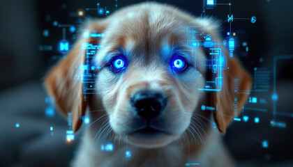 A Cute Puppy With Glowing Eyes And Digital Overlay