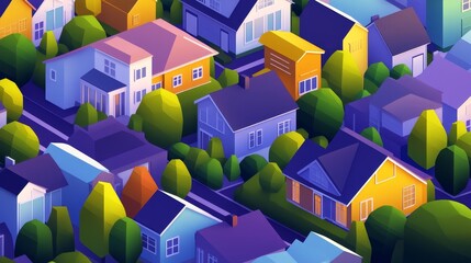 A vibrant aerial view of a colorful neighborhood with houses and lush trees during daytime