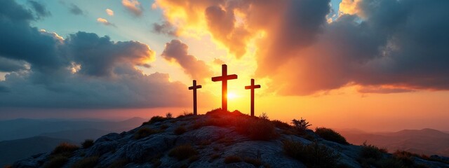 Three crosses on top of a mountain at sunset.