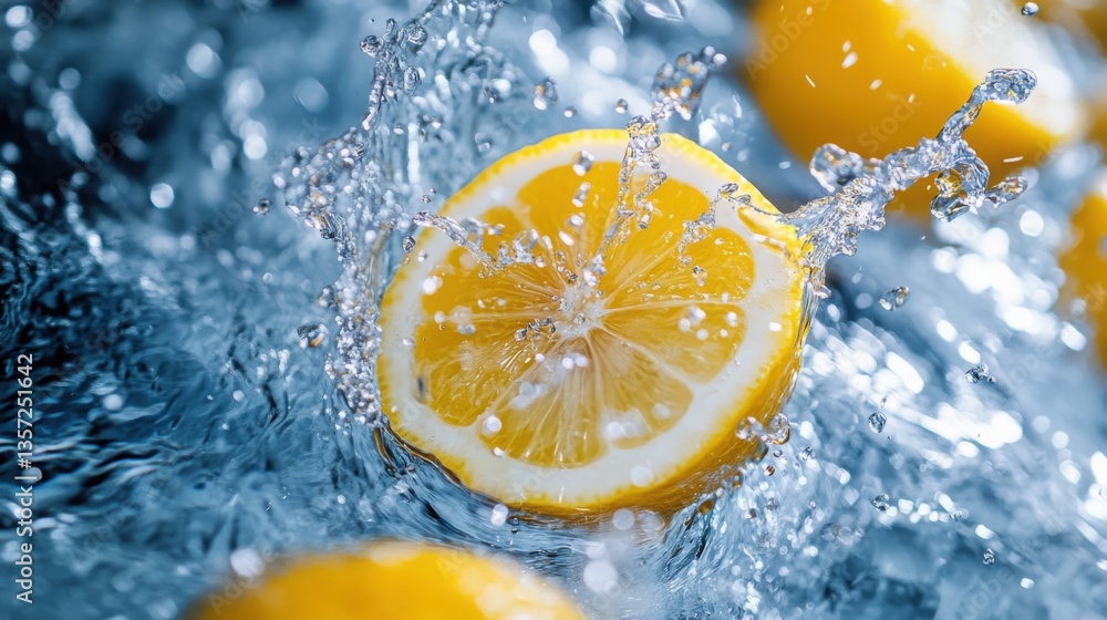 Aufkleber sliced lemons splashing into water, creating dynamic ripples and bubbles.