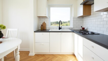 Fototapeta premium Bright Kitchen Interior With White Cabinets