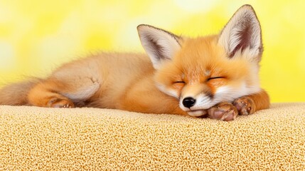 Obraz premium Adorable Red Fox Kit Napping on Tan Surface Against Yellow Background