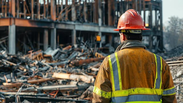 Firefighter inspecting the aftermath of a building fire at a construction site in the late afternoon