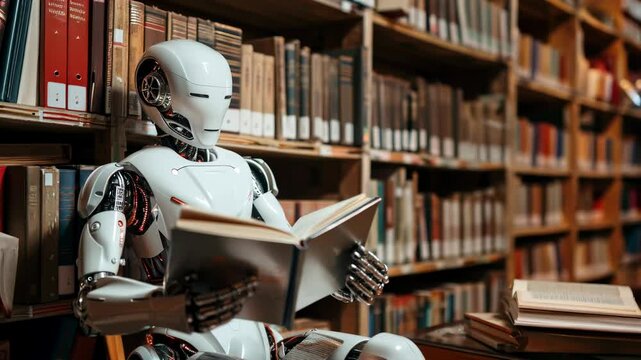 a robot reads in the library