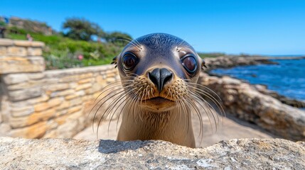 Adorable Sea Lion Pup Peeking Over Stone Wall at Coastline