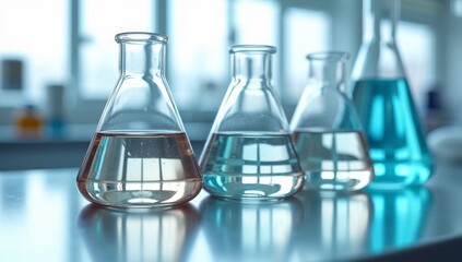 water in beaker and flask glass in chemistry blue science laboratory background