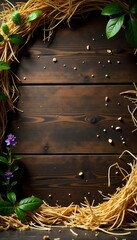 Obraz premium Backdrop featuring a rustic wooden background adorned with scattered hay, rural, texture
