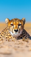 Alert Cheetah in Tan Sand Under a Blue Sky