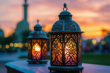 Magical Ramadan evening with ornate Moroccan lanterns, glowing candlelight and Islamic architecture at sunset