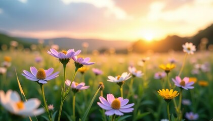 Fototapeta premium A serene meadow with pastel wildflowers in pink, lilac, white, and yellow under a soft summer evening sky, pink, summer
