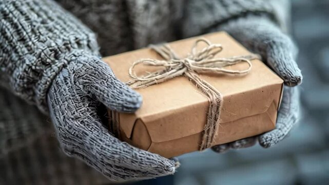 Warm hands present a wrapped box in a cozy, outdoor winter setting