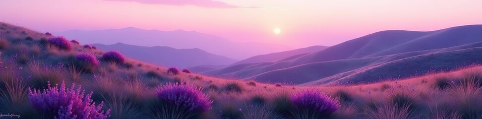 Obraz premium A serene meadow with rolling hills in the distance, bathed in purple hues, meadow, grass
