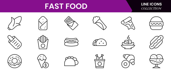 Fast food web icon set in line style. Pizza, chips, burger, french fries, hot dog, collection. Vector illustration.