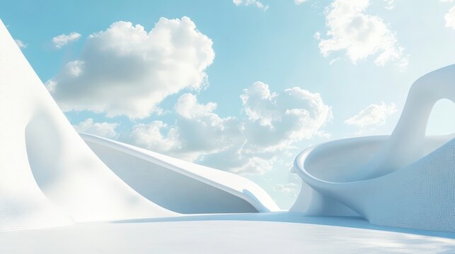 3d renders surreal white minimal architecture background with geometric shapes, abstract fantastic design, landmark futuristic panoramic, futuristic scene, blue sky, and cloud