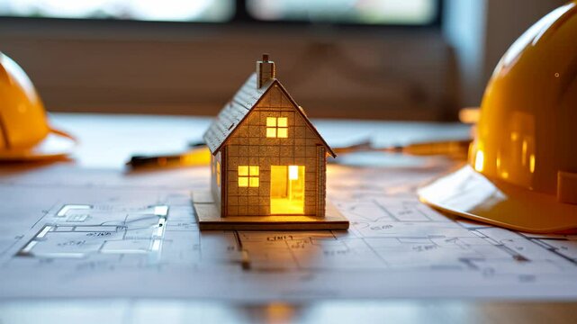 Floor plan illustration featuring a model country house and a yellow construction helmet nearby