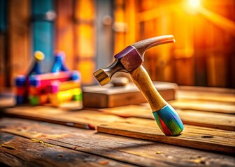 Miniature Hammer Logo Design: Tilt-Shift Photography of a Tiny Hammer on a Workshop Table