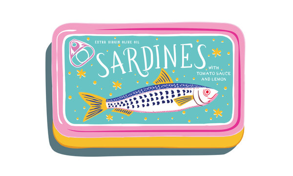sardines can, colorful fish, retro style, food clip art preview