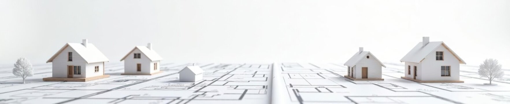 A series of architectural blueprints and house models scattered on a clean white background, symbolizing the concept of home design and construction,  homes,  house models