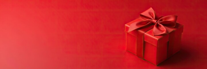 Obraz premium A shiny red gift box with a satin bow on a vibrant red background, present, shiny
