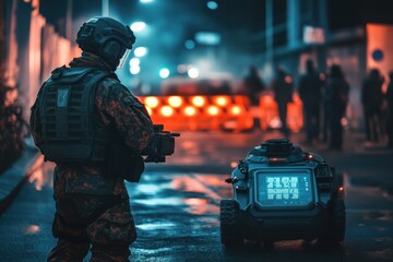 Futuristic soldier with an armed tactical robot at a security checkpoint in a neon-lit urban environment at night