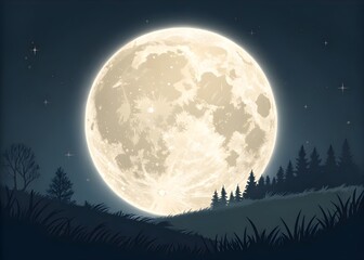 The bright full moon shines high in the sky, illuminating drifting clouds and countless stars, casting a soft glow over the peaceful nighttime scene.