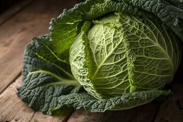 Obraz premium Fresh Cabbage Close-Up on Wooden Background