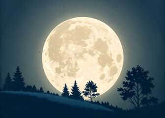 The bright full moon shines high in the sky, illuminating drifting clouds and countless stars, casting a soft glow over the peaceful nighttime scene.