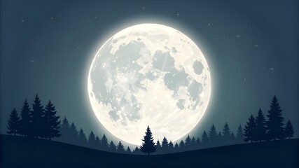The bright full moon shines high in the sky, illuminating drifting clouds and countless stars, casting a soft glow over the peaceful nighttime scene.