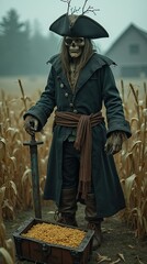 Scarecrow in pirate costume in a field with a sword in her hand