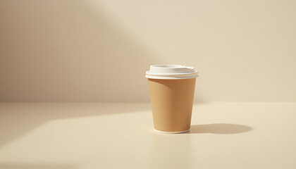 mockup of paper cup standing on table on sunny day