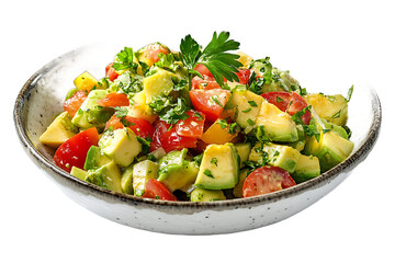 Close up of a bowl filled with avocado and tomato salad topped with fresh parsley leaves served fresh