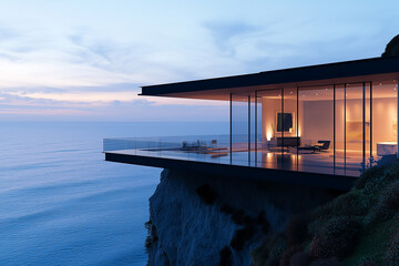 a modern glass hous on a cliff overlooking the ocean,minimalist architecture sunset ighting