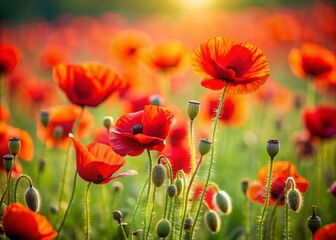 Fototapeta premium Miniature Red Poppies Field, Tilt-Shift Photography, Blooming Flowers, Summer Meadow