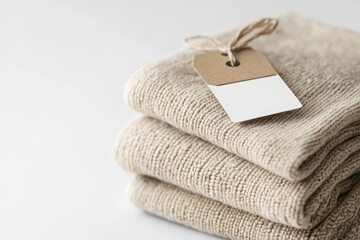 Tag Mockup on Folded Cotton Fabric New Beige Clothes with Blank Clothes Tag on White Background